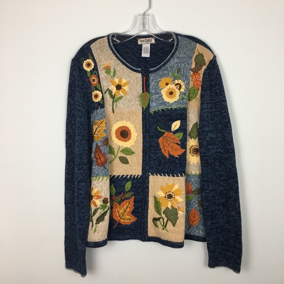Tiara International Sweaters - Tiara International Autumn Patchwork Blue Gold Sunflower Leaf Floral Cardigan L